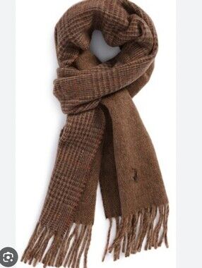 Polo by Ralph Lauren Brown Plaid Fringe Scarf 100% Wool